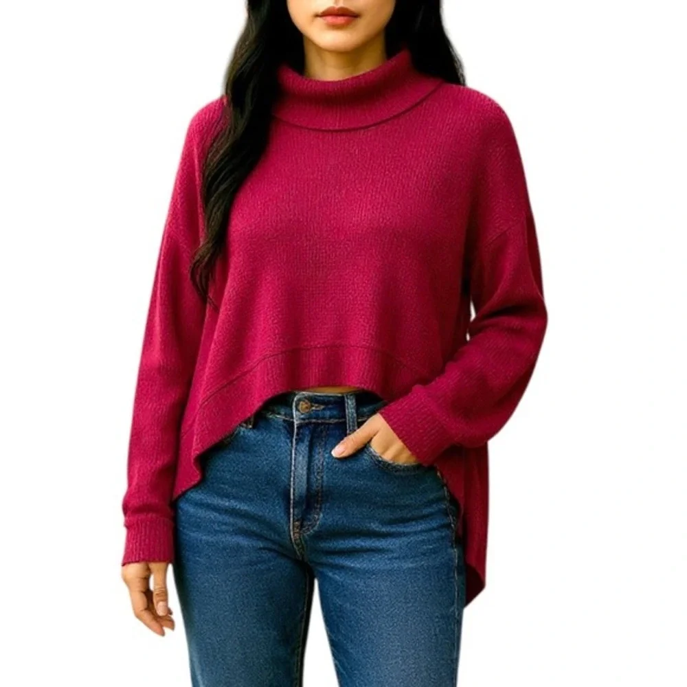 We The Free People Pink Funnel Neck Hi Low‎ Hem Knit Boho Casual Sweater Medium